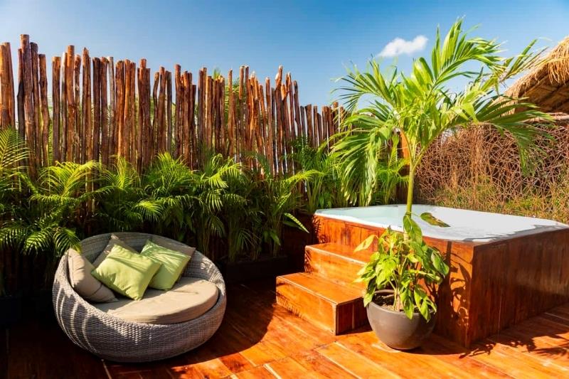 egzotiško dekoro bambuko fotelio kiaušinis atsipalaiduoti lauko kraštovaizdžio idėja