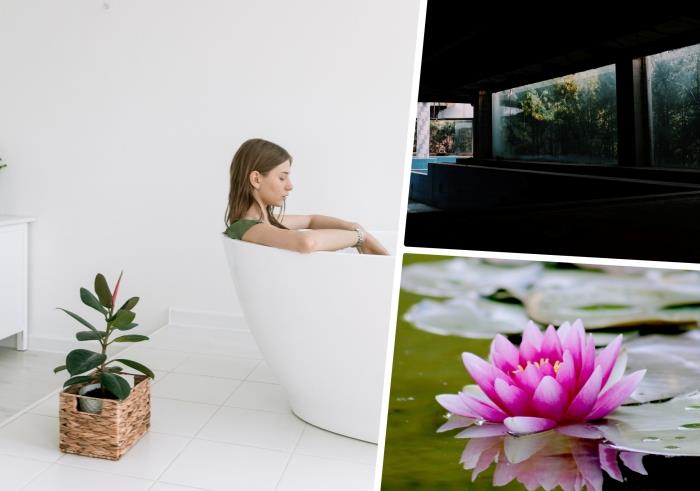 Bağımsız Japon küveti ile minimalist tasarım banyo dekoru örgülü Japon tarzı saksı gevşeme balık göleti