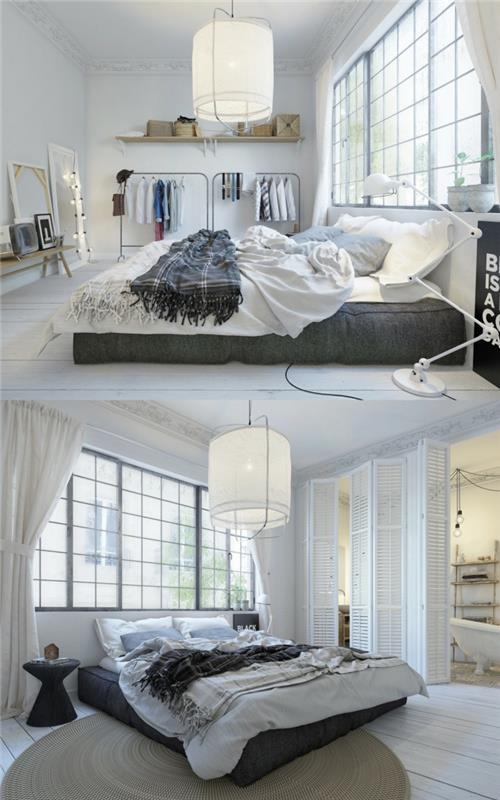didelė kokoninė lova, balta drobės lubų šviesa, dirbtuvių langai, pramoninė drabužių lentyna, baltos užuolaidos