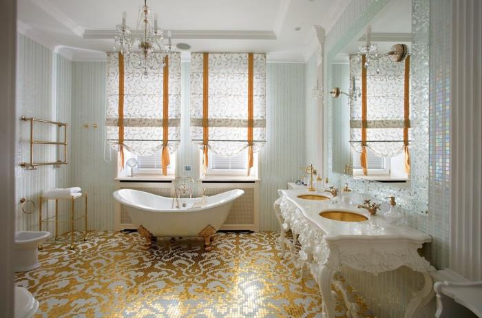 baročno pohištvo, kopalnica, kristalni lestenec, tla v zlati dekoraciji