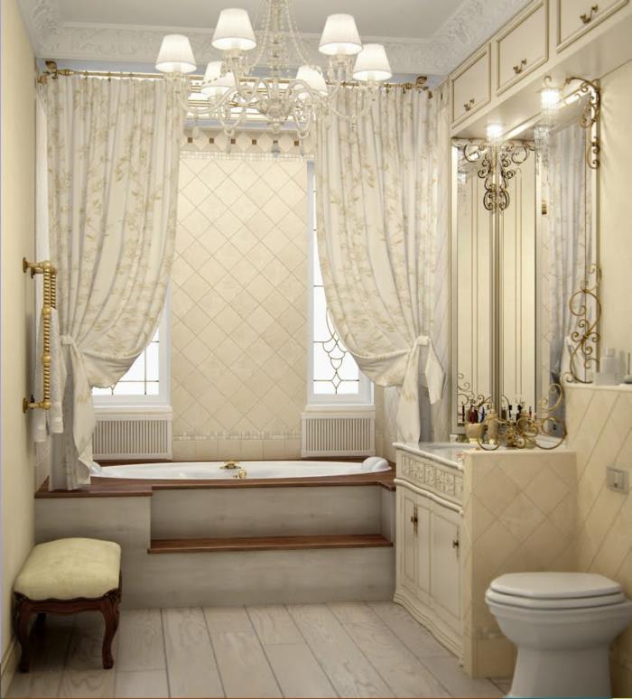 baročni dekor, dolge zavese, kopalnica, veliko ogledalo z zlatim okrasjem