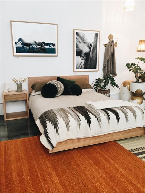 bohem dekor modern beyaz yatak odası boyama ahşap resim çerçevesi dekoratif yastıklar hafif ahşap mobilya başlık