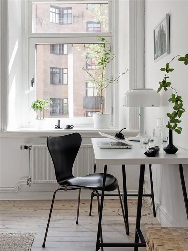 beyaz lake masa ve siyah sandalye ile bir ev ofis nasıl dekore edilir, beyaz ve siyah şık çalışma alanı tasarımı