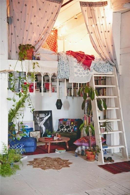 yetişkin-yatak odası-dekorasyon-hippe tarzı ölçekli-kitaplar