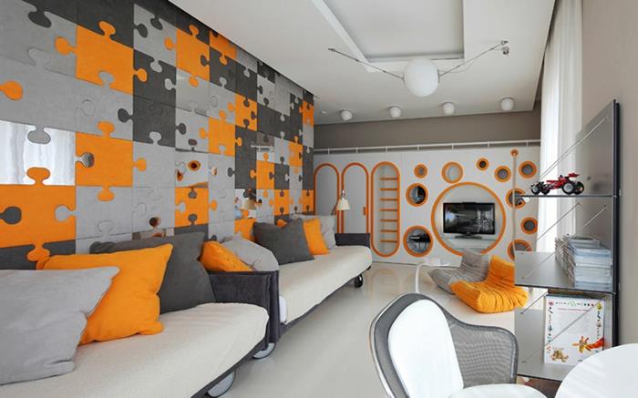 berniuko kambario dažai, modernūs dažai paauglių kambariui, pilka ir oranžinė sienų dėlionė, pufai