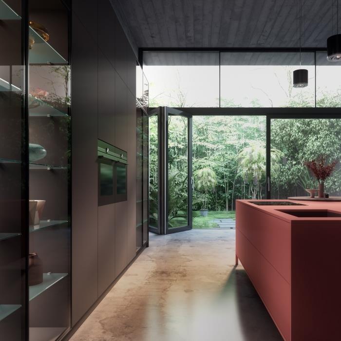 virtuvės apdaila terakota centrinė sala interjero dizainas šiuolaikinio stiliaus baldai be rankenų sieninė laikymo stiklo lentyna