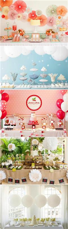 stalo dekoravimas su pinatomis, popieriniais žibintais, raudonai baltais balionais, augalais, dirbtine veja, gimtadienio stalo puošmena