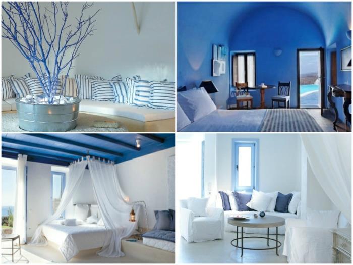 Grško modra na stenah in stropu, postelja z baldahinom, posušene vejice, okrasne blazine