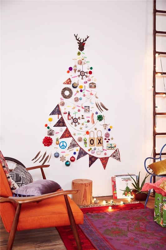 eklektik tarzı iç dekorasyon noel ağacı duvar diy süsler çelenk bayrakları kumaş dekoratif merdiven ahşap