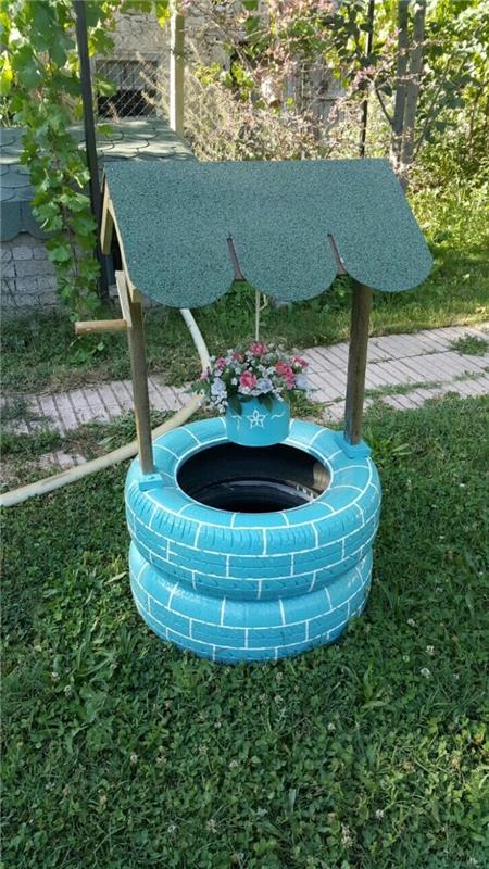 primer, kako z recikliranim predmetom zgraditi dekorativni vrtni model, model umetnega vodnjaka z recikliranimi pnevmatikami
