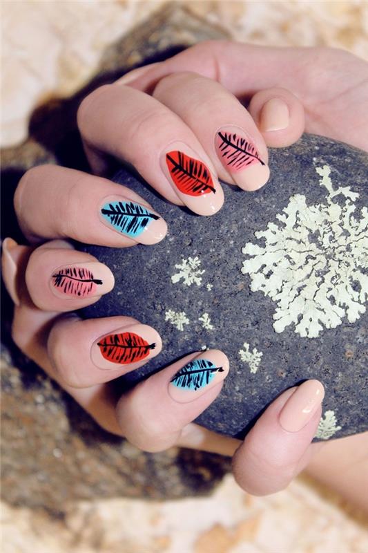 nail art dekoracija trend gel šablona za nohte nude base lak lahka risba na nohtu listje vzorec