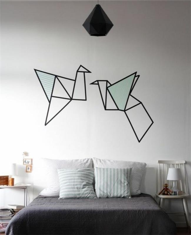 origami-puošmena-jūsų-miegamojo-paukščių-figūrų sienai-su-dekoratyvine-lipnia juosta