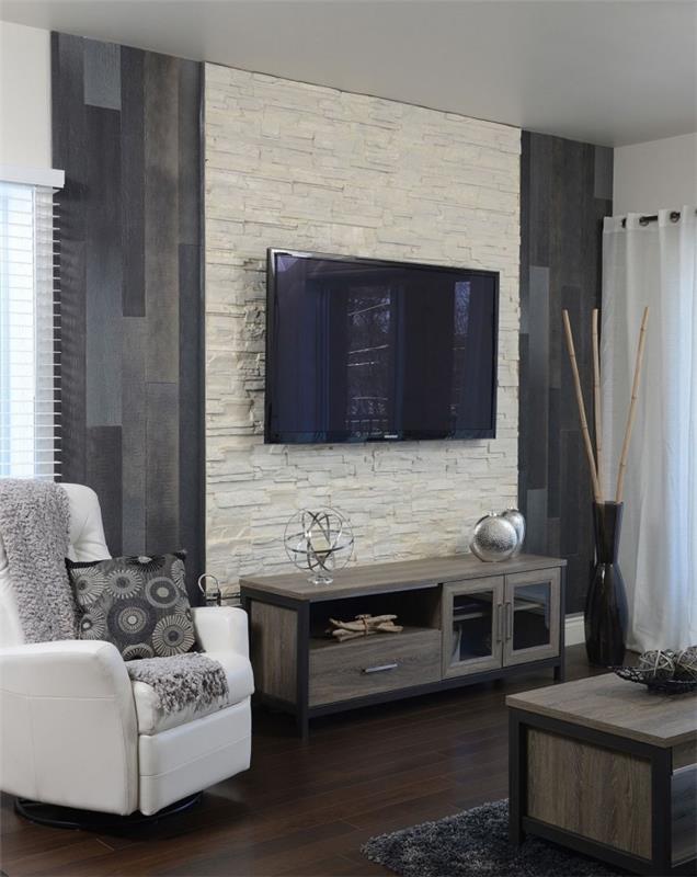 ahşap mobilya ile modern küçük oturma odası dekorasyonu fikir taş duvar oturma odası tv beyaz koltuk