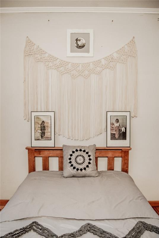 küçük yatak odası dekoru modern bohem tarzı diy palet başlık makrome duvar resmi saçaklar sanat resim çerçeveleri mandala yastık