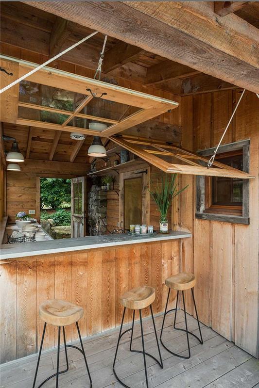 majhna pokrita kuhinjska dekoracija dvorišče vrtni stol z lesom in kovino zunanja kuhinjska plošča z barom