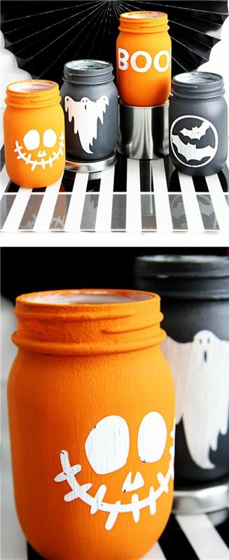 Helovino įkvėptas-uogienių stiklainis-dekoravimas-juodais ir oranžiniais dažais išpilstyti stiklainiai