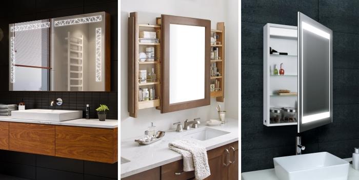 Matinės juodos plytelės vonios apdailos spintelės po kriauklės mediniu veidrodžiu su saugykla