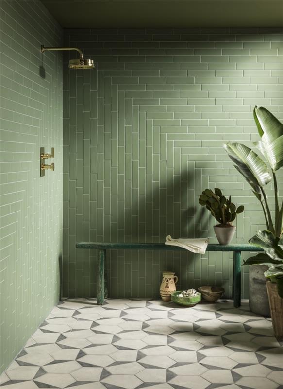 sodobna dekoracija kopalnice stil džungle zelena barva notranje opreme kaki ploščice zelene rastline