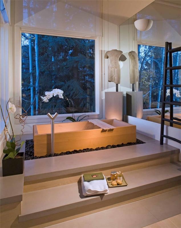 kaip įrengti nedidelį japoniško stiliaus vonios kambarį, japoniškos medinės vonios modelis zen sode