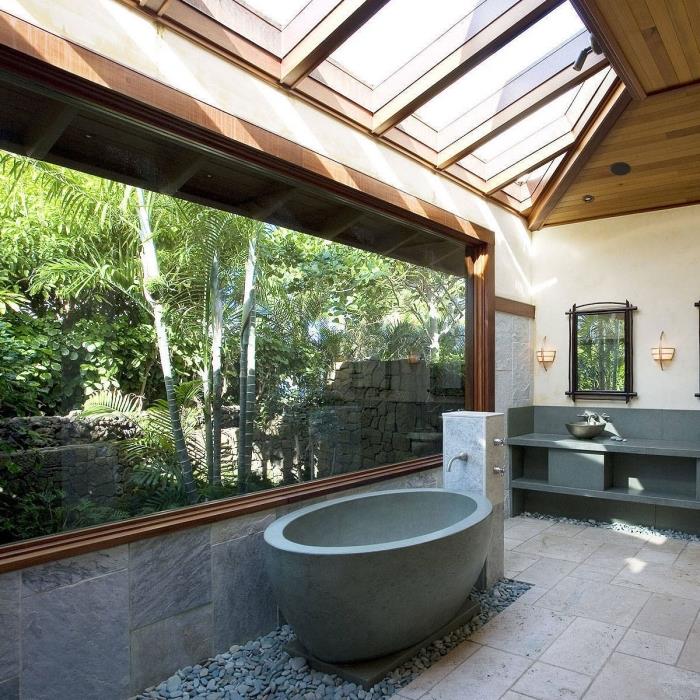 atpalaiduojantis vonios kambario išdėstymas, kokios spalvos japoniško stiliaus vonios kambariui, vonios kambario dizainas su vonia