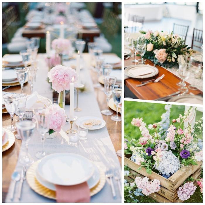 baltas stalo bėgikas, ilgos vazos rožinėmis gėlėmis, medinis stalas, bohemiškas vestuvių stalo dekoravimas