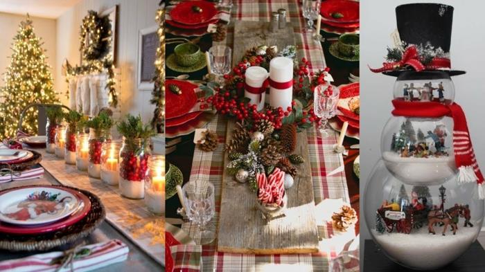 Kalėdinės dekoracijos, sutvarkytos lėkštės, didelė šviečianti Kalėdų eglutė, stiklainiai, pripildyti raudonų uogų, dekoratyvinės žvakės, skaidrus sniego senis