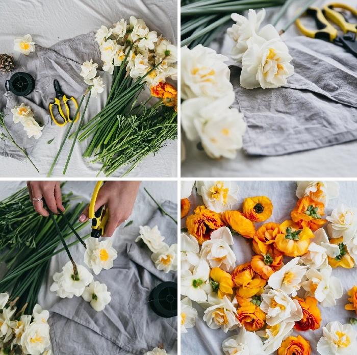 gėlių stalo dekoravimas, valgomojo ir vakarėlio stalo apdaila, žirklės, pavasario gėlių šakelės