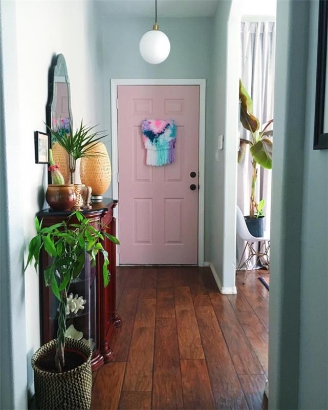 kokia spalva dažyti prieškambario durų įėjimo duris rožinės spalvos tamsaus medžio baldai