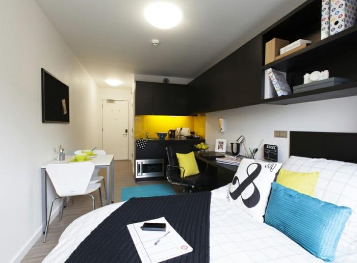 Deco-apartman-duvar-siyah-çift kişilik-yatak-yemek masası
