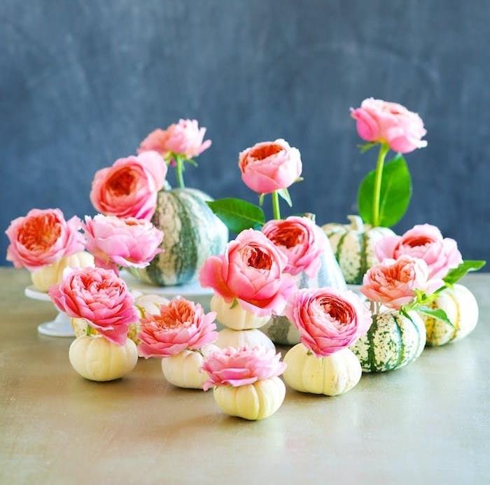 majhne vaze iz miniaturnih buč z rožnatimi cvetovi, enostavna jesen DIY