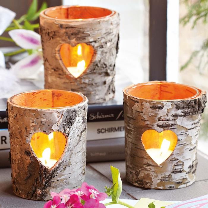 diy luči iz lubja drevesnih vej s svečami v notranjosti, romantičen dekor DIY