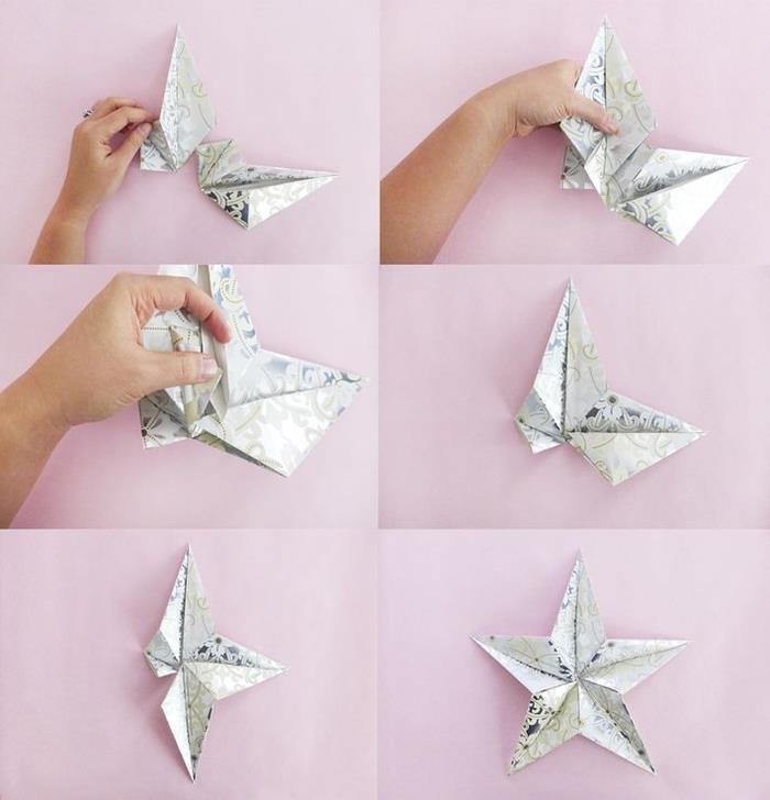 Noel origami yıldızı yapmak için metalik desenlerle origami kağıt kıvrımları