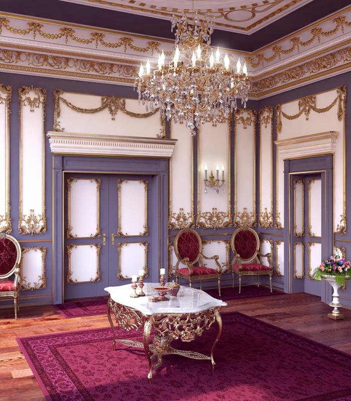 baročno pohištvo, strop z mavčno dekoracijo, kristalni lestenec, preproga s cvetličnim vzorcem, očarljivo pohištvo