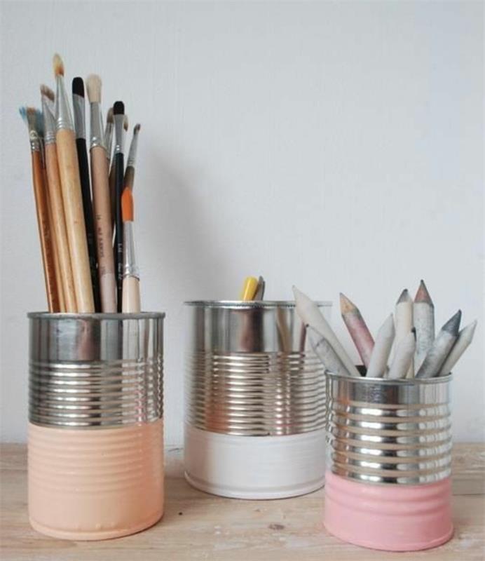 alavas-can-deco-perdirbtas ir dažytas įvairiomis spalvomis-pieštukų ir šepečių-deco-desk laikymo vieta
