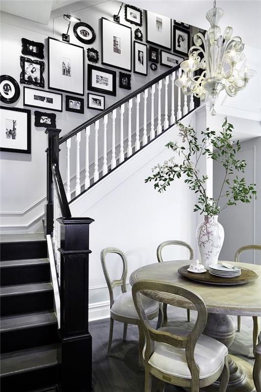 sodobno stopnišče deco črni okvirji za fotografije črno -bele fotografije črne stopnice bele stene
