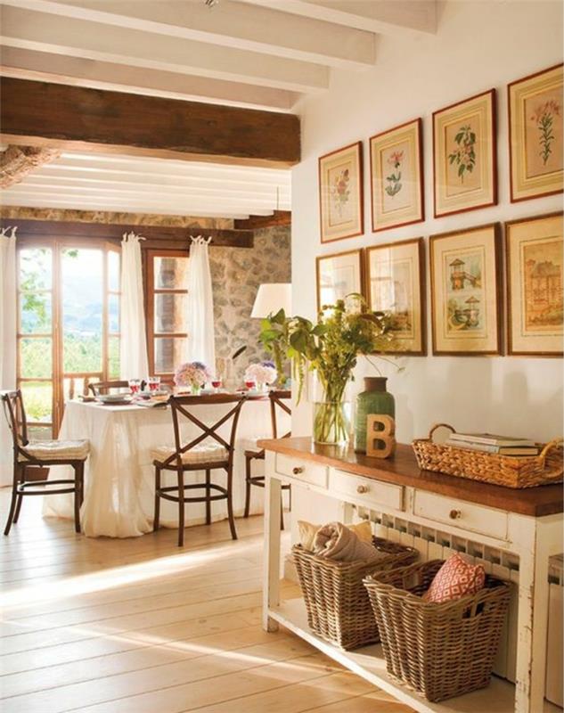 primer podeželja country chic, lesena konzola, košare za shranjevanje, stenska dekoracija slikanje pastoralnih vzorcev, izpostavljeni tramovi, kmečka jedilnica, kamniti zid