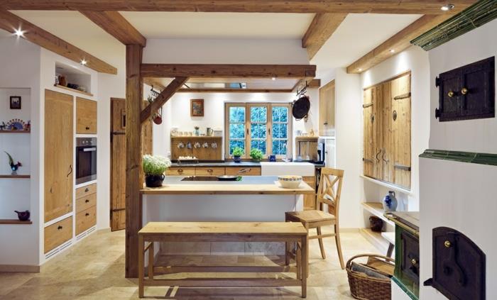 preobrazba lesene kuhinje, beli strop, lesene police, LED osvetlitev, karirano okno, bela in lesena kuhinja