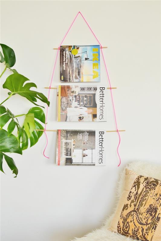kız odası için kendin yap dekoru, ahşap delikli dergi bağlayıcısı ve duvarlara asmak için pembe ipler