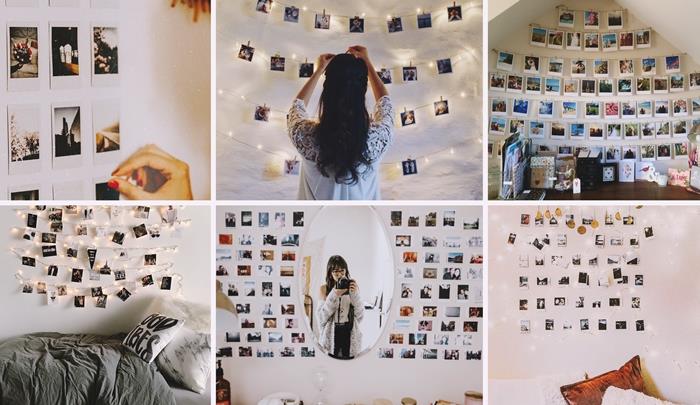 genç yatak odası dekoru ışık çelenk ile polaroid fotoğraf klipleri ahşap duvar kolaj oval ayna