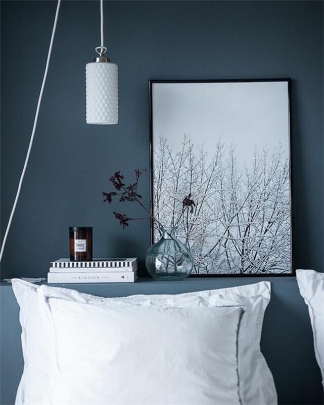 modra odtenek za spalnico za odrasle modra barva modro siva z nepregledno belo stekleno svetilko in črnim okvirjem s tankim okvirjem