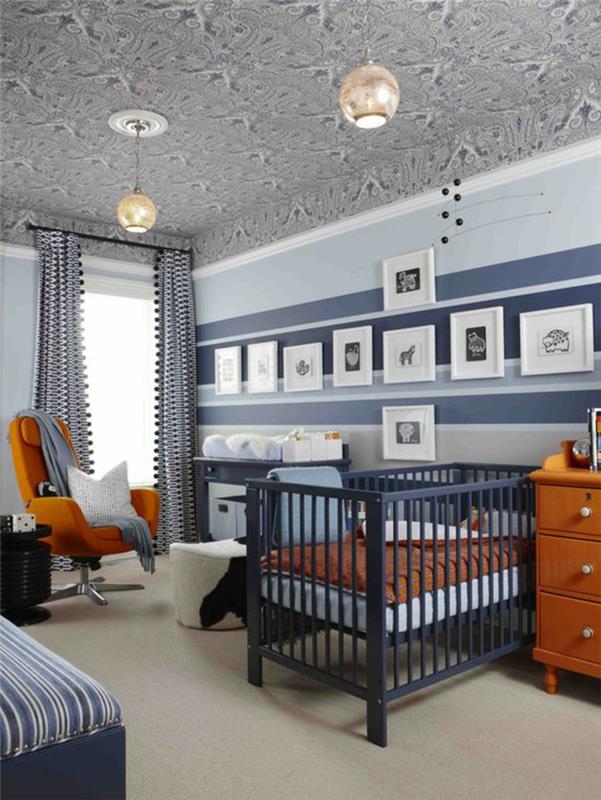 açık mor ve ördek mavisi dalgalı efektlere sahip artu tavanlı çocuk yatak odası dekorasyon fikirleri turuncu yatak ve şifonyer ve koltuk