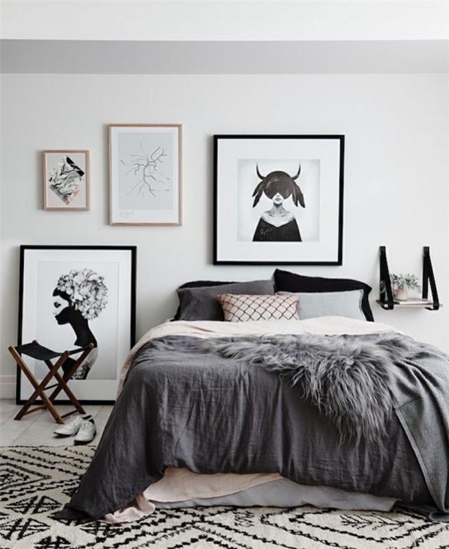 moteriškas miegamasis, pilka ir balta lova, ekstravagantiški įrėminti paveikslai