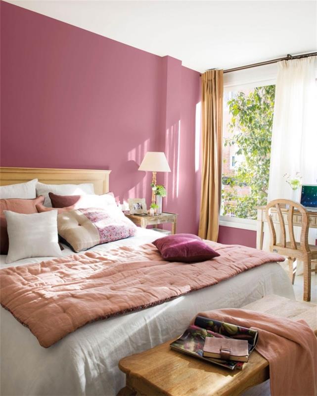 barva sten za spalnico, stenska barva stenske sobe v roza barvi z belim stropom, pohištvo za spalnico z lesenim pohištvom