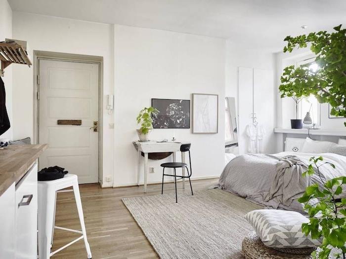 bela in lesena kuhinja odprta za sivo -belo spalnico z dekoracijo zelenih rastlin v lončkih