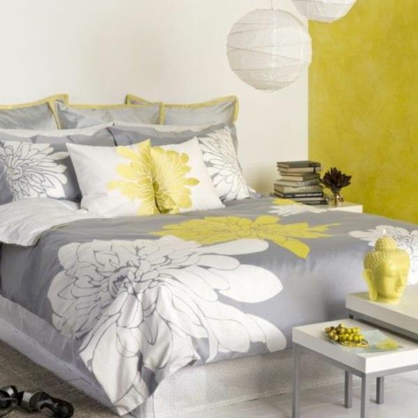 pilkai geltona-balta-miegamojo dekoras