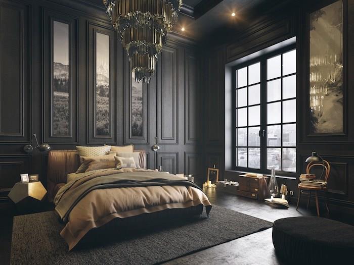 dekor za spalnico za odrasle v temnih barvah, črne stene, bež in sivo posteljnina, originalno oblikovano viseče svetilo, vintage deko poudarki