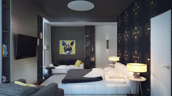 siva-spalnica-dekor-črno-bela-pasja barva