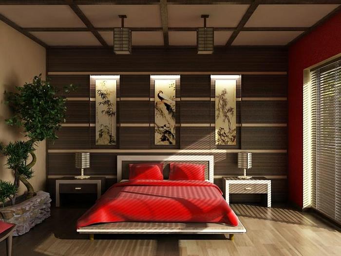 oblikovalska in deko glavna spalnica, rdeča postelja, dekoracija sten v japonskem slogu, bonzai v loncu