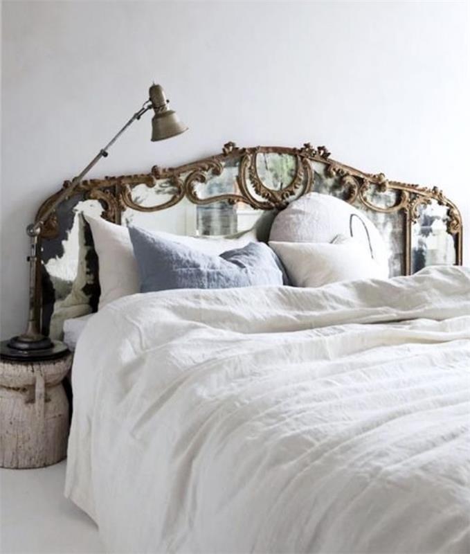 sami naredite vzglavje, veliko baročno ogledalo za posteljo, belo perilo, modra blazina, hiter in enostaven DIY