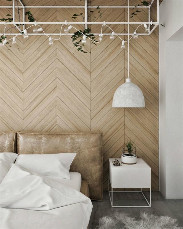 kokios medžiagos ir spalvos skandinaviškam ir moderniam dekorui, medžio ir balto miegamojo išdėstymas su medinėmis sienų dailylentėmis